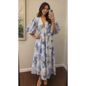 Jessica Simpson Women's Blue Floral Print V-Neck Puff Sleeve Midi Dress